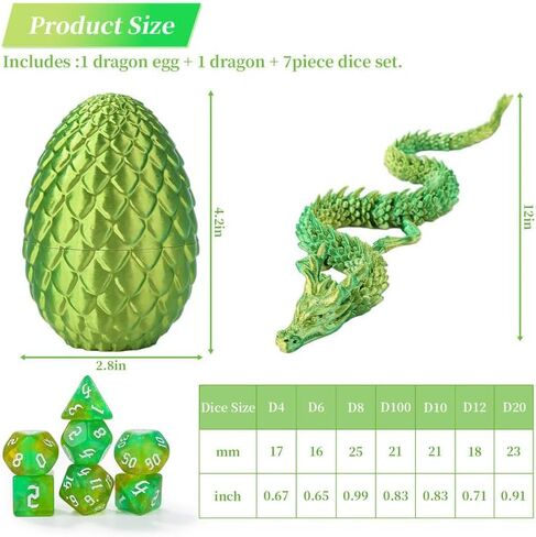 DND Dice Set 7 Pcs and 3D Printed Dragon Egg,DND Dice Dungeons and Dragons Starter Games Fidget Toys Set for RPG MTG Table Games,Yellow Green in Saudi Arabia