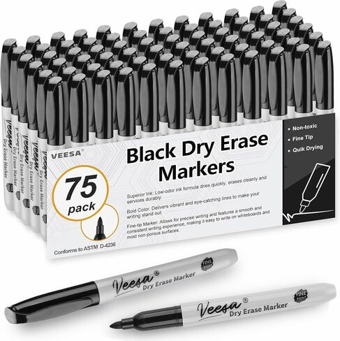 VEESA Dry Erase Markers Black, Fine Tip, 75 Count Low-Odor Whiteboard Marker Pens for Office School Home in Kuwait