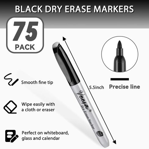 VEESA Dry Erase Markers Black, Fine Tip, 75 Count Low-Odor Whiteboard Marker Pens for Office School Home in Kuwait
