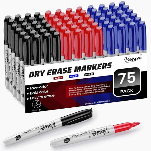 VEESA Dry Erase Markers Black, Fine Tip, 75 Count Low-Odor Whiteboard Marker Pens for Office School Home in Kuwait