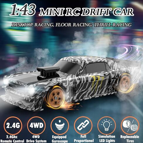 1/43 Mini Remote Control Car with Gyroscope, 2.4GHz 4WD Full Proportional High Speed Fast RC Drift Cars with LED Lights Racing Tires, Hobby RC Cars Toy Model Gift for Adults, Kids, Boys in Saudi Arabia