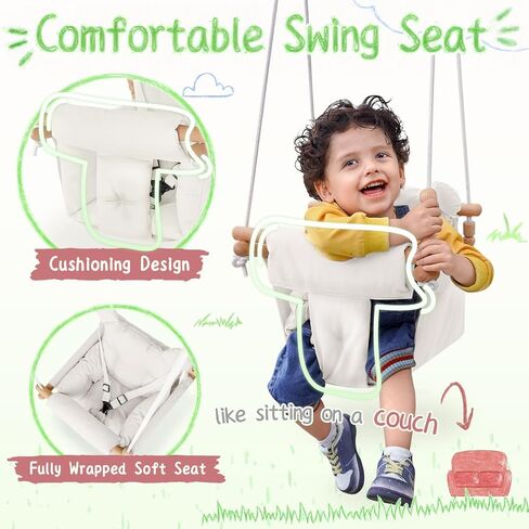 Baby Swing Outdoor Indoor, Secure Canvas Baby Swing,Wooden Baby Hanging Swing for Infant,Toddler Swing Seat,3-Point Adjustable Safety Harness,Mounting Hardware Included,Gift for Baby Boys Girls,Grey in Saudi Arabia