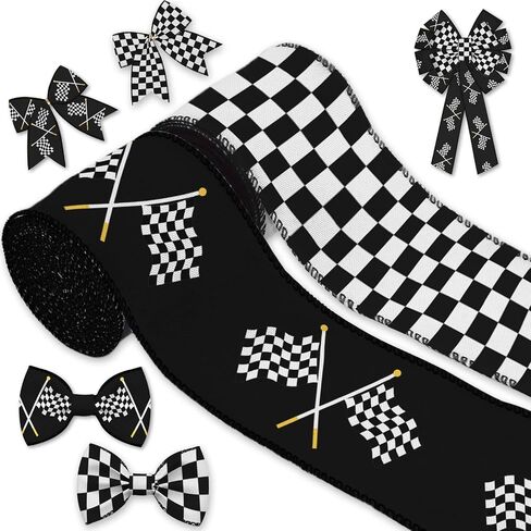 ykw 2 Rolls Racing Deghered Flag Ribbon - 2.55 بوصة × 5 ياردة لكل منهما ، شريط حافة سلكية أسود أبيض لزخرفة حفلات سيارة السباق ، هدايا رياضة رياضة الالتفاف ، إكليل السباق (قطب سباق الذهب) in Kuwait