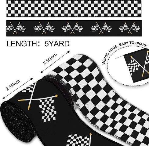 ykw 2 Rolls Racing Deghered Flag Ribbon - 2.55 بوصة × 5 ياردة لكل منهما ، شريط حافة سلكية أسود أبيض لزخرفة حفلات سيارة السباق ، هدايا رياضة رياضة الالتفاف ، إكليل السباق (قطب سباق الذهب) in Kuwait