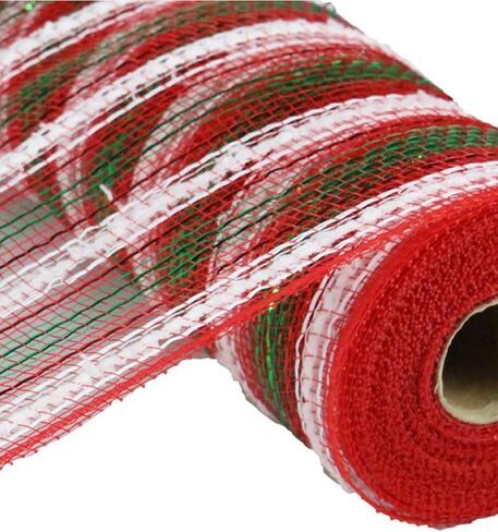 Snowdrift Metallic Stripe Deco Poly Mesh Ribbon - 10.5 بوصة × 30 قدمًا (أحمر ، أبيض ، زمرد) in Saudi Arabia