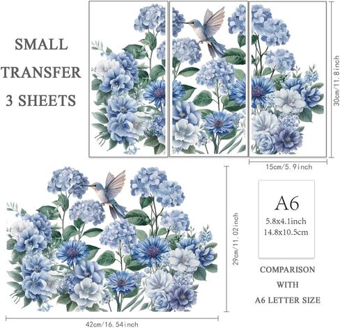 OLYCRAFT 3pcs/Set Blue Flowers Rub on Transfers for Furniture and Crafts 6x12 inch Hydrangea Hummingbird Furniture Decals Chrysanthemums Transfer Stickers Rub on Decals for Wood Furniture Home Decor in Saudi Arabia