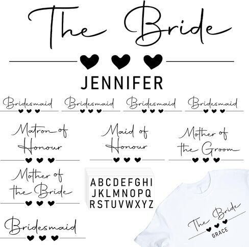 Glenmal 26 Pcs Bride Iron On Patch Heat Transfer Vinyl Set Bridesmaids Iron on Decal Maid of Honor Letters Decal Personalized Name Custom Decal for Wedding Party Bag Clothes T Shirt(Black) in Saudi Arabia