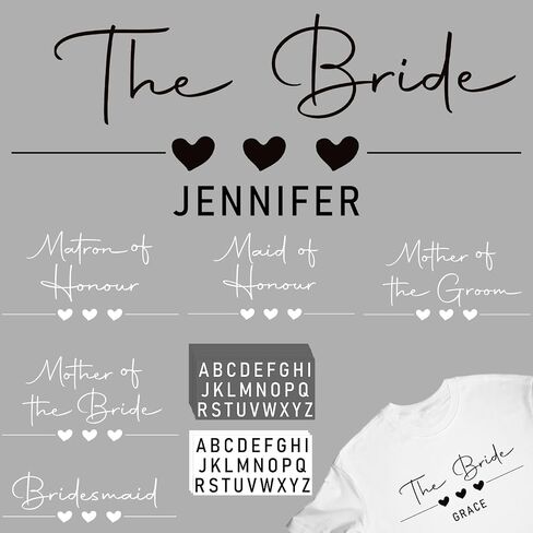 Glenmal 26 Pcs Bride Iron On Patch Heat Transfer Vinyl Set Bridesmaids Iron on Decal Maid of Honor Letters Decal Personalized Name Custom Decal for Wedding Party Bag Clothes T Shirt(Black) in Saudi Arabia