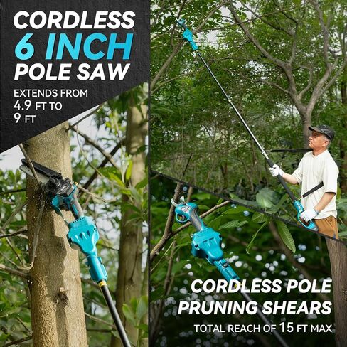طقم منشار كهربائي 6 في 1 من Seesii ومقصات عشبية لقص العشب، منشار كهربائي صغير مع بطاريات 2*4.0 أمبير، مقلم شجرة تمديد، قاطع فرع أطراف تشذيب بوش، يصل طوله إلى 16 قدمًا in Kuwait