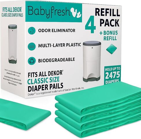 Refills Compatible with DEKOR Classic Diaper Pails 4 Pack Plus 1 More Exclusive 30% Extra Thickness Diaper Pail Refill Bags with Powerful Odor Elimination Fresh Powder Scent | Holds up to 2475 Diapers in Saudi Arabia