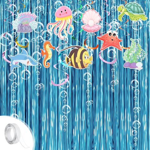 Under The Sea Party Decorations,2 Blue Fringe Backdrop 3 Bubble Garlands with Tape for Beach,Water,Pool,Ocean Themed Party Decor,Mermaid Streamer,Spongebob Birthday Decor in Saudi Arabia