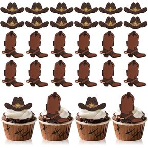 24PCS Cowboy Cupcake Ring Toppers Western Party Hat Boot Cupcake Decorations Rodeo Cupcake Toppers for Western Theme Birthday Party Baby Shower Cake Decorations Supplies