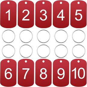 1-10 Aluminum Number Tags with Key Rings Keys Tag ID Tags Number Metal Keys Tag for Dormitory Key Chain Box Cabinet Lockers(Red)