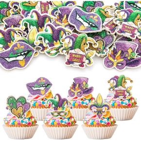 24pcs Mardi Gras Cupcake Topcake Topcake Glitter Masquerade أقنعة كب كيك فاكهة الفاكهة تختار Mardi Gras Party Baby Shower Decorting Cake Cake Decorations in Kuwait