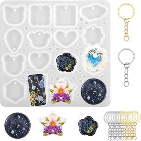 11 Pcs Resin Keychain Molds,16 Shapes Epoxy Molds Silicone,Resin Jewelry Mold,UV Mold for Keychain Pendant Jewelry Making(with 10 Chains)