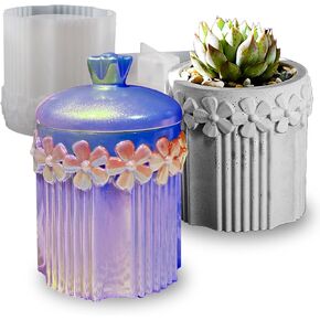 Box Resin Molds, Flower Stripe Pattern Jar Silicone Molds with Lid, Floral Candle Holder Storage Container Epoxy Resin Casting Concrete Molds, Display Jewelry Trinket Holder Planter Mold DIY Decor