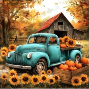 SJUTOUCI Fall Truck Diamond Painting Kits for Adults, Diamond Art Kits for Beginners, DIY 5D Full Drill Diamond Dots Gem Craft Art Home Wall Decor 12x12 inch, Farm