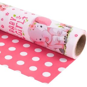Altarho Reversible Baby Girl Wrapping Paper for Kids Girls - 17 Inch x 33 Feet - Pink Elephant & Polka Dot - Cute Animals Floral Patterns for Birthday, Baby Shower, Gender Reveal Theme New Baby Party Decoration