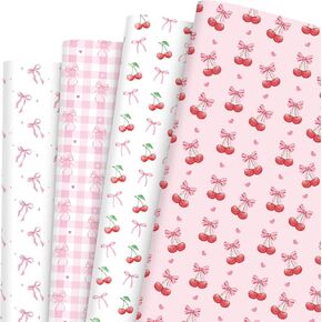 Pineraap 12 Sheets Pink Bow Cherry Wrapping Paper, Bowknot Printed Gift Wrap Paper Decorative Craft Paper for Girls Women Birthday Wedding Baby Shower Coquette Party, 19.7 x 27.6 Inch