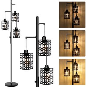 ROTTOGOON Dimmable Floor Lamp, Industrial Standing Floor lamp for Living Room, Tall Farmhouse Rustic lamp with 3 LED Bulbs, Tree Floor Lamp for Bedrooms, Living Room, Home Office, Metal, Black, 68"