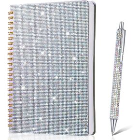 Jetec 2 Pcs Spiral Rhinestone Notebook and Bling Pen Sets Crystal Pens and Journal, Bling Notebook, Diamond Travel Notebook for Women Girls, A5 Crystal Notebook Bling Office Accessories (AB)