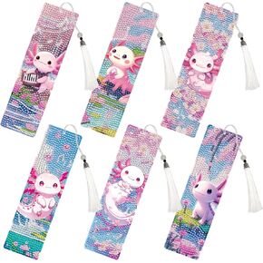 Diamond Art Painting Bookmarks - 6 Pcs DIY Pink Axolotl Flower Diamond Painting Kits with Tassel Cute Animal Art Craft Teacher Appreciation Week Gift Graduation for Teacher Student Book Lover