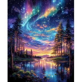Diamond Art Kits for Adults,Starry Sky Diamond Painting Kits for Adults,5D DIY Starry Night Aurora Lake Full Drill Diamond Dots Gem Art and Crafts for Home Decor 12x16inch ﻿