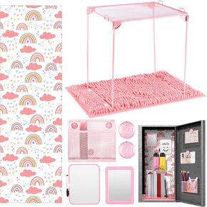 8 Pcs Locker Organizer Kit Includes Shelf, Chenille Carpet, Magnetic Pen Holder, Mirror, Whiteboard with Pens, Wallpaper and Buckles for Back to School Essentials and School Locker (Black)