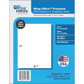 Pro Office Shipping Labels for Printers - Premium 100 Full-Sheet Self Adhesive - Laser and Ink Jet Printers, White, Made in USA, 8.5 x 11 Inches, Pack of 100, Same Size As Avery 8165 and More