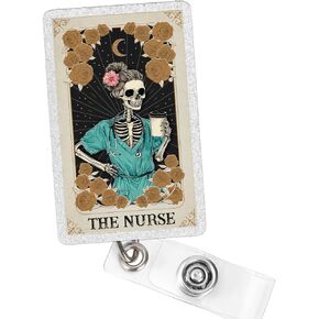 Skeleton Nurse Badge Reel, Funny Retractable ID Holder with Alligator Clip for CNA RN LPN MA, Spooky Medical Badge Clip for Nursing Students, Teachers, Office Staff, Cute Healthcare Work Accessory