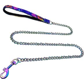 Metal Dog Leash for Small Medium Large Dogs, Chain Link Anti Chew 3.5-4FT Strong Anti Bite Dog Leash Comfortable and Breathable mesh Cushion Handle (Rainbow Color, M)