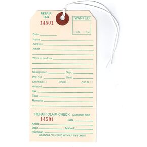 Repair Tag w Claim Check (3.125" x 6.25"), Manila Cardstock, Green Ink w Sequential Red Numbers, Reinforced Hole w Attached String - Box of 500 Tags