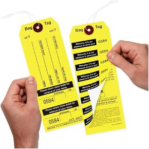 1000 Yellow Bag Claim Check Tags with Elastic String, Printed in Black Ink with 8 Labels & Matching Numbers for Multiple Bags. Hotel Bag Tags for Organizing Luggage. Size: 6 3/4" (H) x2 1/2" (W).