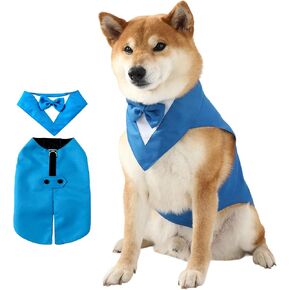 Dog Tuxedo Suit and Bandana Set Boy Dog Prince Bow Tie Shirt Formal Dog Wedding Attire for Large Medium Dogs (Light Blue,Large)