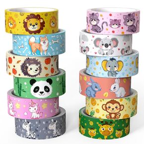 Cute Washi Tape Set, 12 Rolls Kawaii Animal Decorative Tape Cartoon Forest Masking Tape for Journaling Supplies, Junk Journal, Scrapbooking, DIY Arts & Crafts, Gift Wrapping