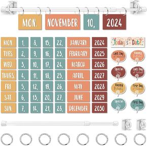Boho Flip Calendar for Classroom – 77 Pcs Classroom Calendar Set Bulletin Board with Rod, Holder & Date Cards, Great Interactive Learning Tool and Date Decor for Teachers, Parents and Educators