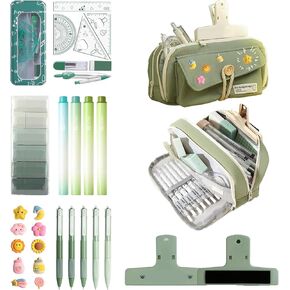 34 PCS Pencil Case Set with Large Capacity, 4-Compartment Pouch, Portable Soft Canvas, Highlighter Pens, Correction Tape, Clip, Compass Set, Easy Wash, Elegant Aesthetic Study Essentials (green)