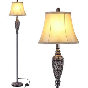 65’’ Vintage Floor Lamp for Living Room, Traditional White Standing Lamp with Carved Resin Base and Foot Switch, Classic Farmhouse Tall Pole Lamp, Bedroom, Office