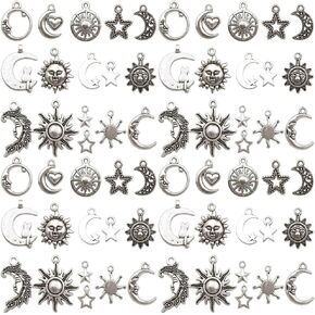 Youdiyla 60pcs Ancient Silver and Ancient Blue Alloy Moon Series Pendant Jewelry Making DIY Keychain Earrings Pendant Various Design Charms for Jewelry Making Bracelets Necklace (SN92)