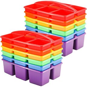 6 Equal Compartment Classroom Caddy, 12 Pack Small Caddy Organizer with Handle Rainbow Colors Plastic Classroom Table Caddies School Supply Organizer for Easy Storage (Boho Color)