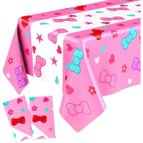 Oudain 2 Pcs Kitty Cat Tablecloths, Cartoon Cat Themed Tablecover, Plastic Pink Kitten Party Supplies, Rectangular Bow Tablecloths for Kitty Birthday Party Decor 108 x 54 Inches