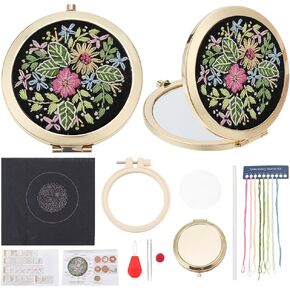 PLIGREAT Stamped Cross Stitch Mirror Kit DIY Bouquet Mirror Embroidery for Beignners Vintage Portable Round Mirror Embroidery Metal Foldable Mirror for Women with Instruction