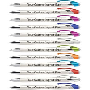 ExpressDesigns™ - Custom Pens with Stylus - The Pearl - Personalized Metallic Printed Name Pens with Black Ink - Imprinted with Logo or Message - Great Gift Ideas - 12 pack (Silver)