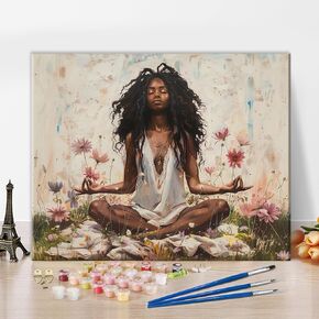 TUMOVO Yoga Women/Lady Paint by Number Kits for Adults Beginner Africa Black Women in Garden Acrylic Digital Flowers Paintwork Nordics Home Decor Boho Present (Without Frame,40x50cm)