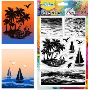 CHGCRAFT Sea Waves Reflection Clear Stamps Seagulls Palm Tree Silhouette Stamps Sailboat Silicone Stamps Craft Stamps for Journaling Card Making DIY Scrapbooking Handmade Photo Album Notebook