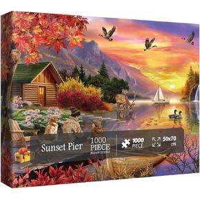 Sunset Landscape Puzzles for Adults 1000 Pieces, Autumn Fishing Camping Lake Jigsaw Puzzles, Beautiful Bird Dog Flower Deer Duck Animal Tree Scenic Puzzle