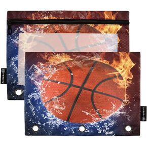 Qilmy Basketball Binder Pocket,2Pack Zipper Binder Pockets with Clear Window,3 Ring Binder Pocket for School Office Supplies