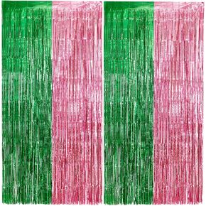 2 Pack Pink and Green Party Decorations Tinsel Foil Fringe Backdrop 3.3’x6.6’, Wicked Party & Halloween Streamer, Durable Metallic Tassel Create Photo Booth & Entrance