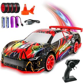 RC Drift Car 1:24 Scale RC Car with LED Lights Glow and Drifting Tires 2.4GHz Remote Control Car 4WD 14KM/h High-Speed RC Cars with 2 Rechargeable Batteries Boys Girls Kids Gift #1 Red