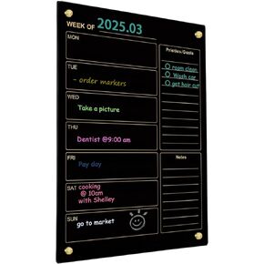 Okydoky Acrylic Dry Erase Whiteboard, Weekly Board,10.6" x 14.6", Frameless Whiteboard for Home, School, Office, Black Surface(Acrylic Weekly-BK-2737)